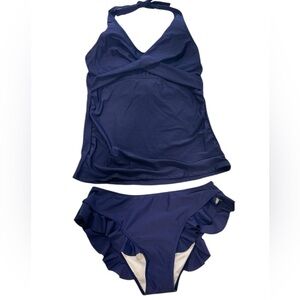 🏷️ Navy Halter Tankini Navy Ruffled bottom Size M #00182